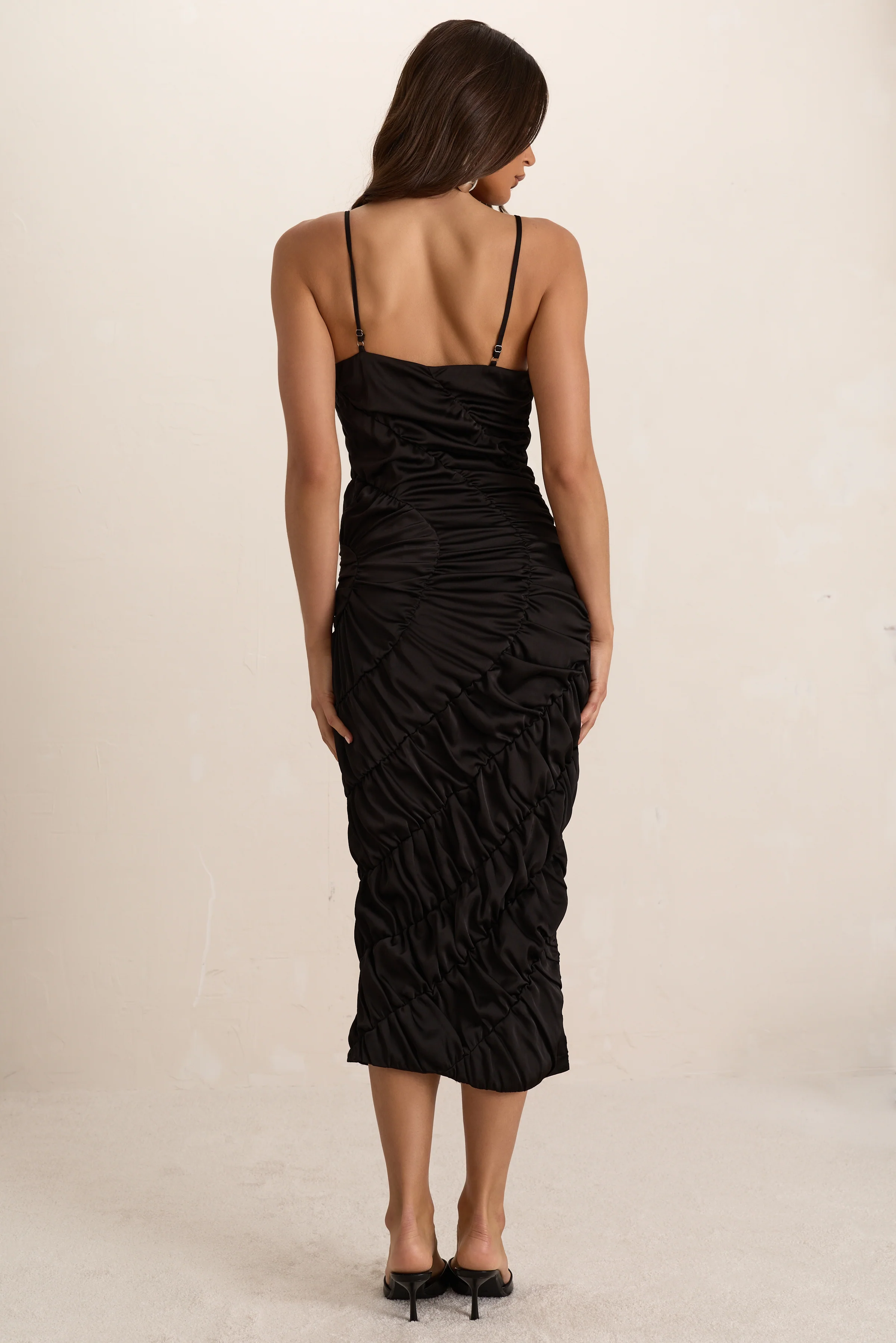 Black Satin Shirred Plunge Midi Dress - Image 5