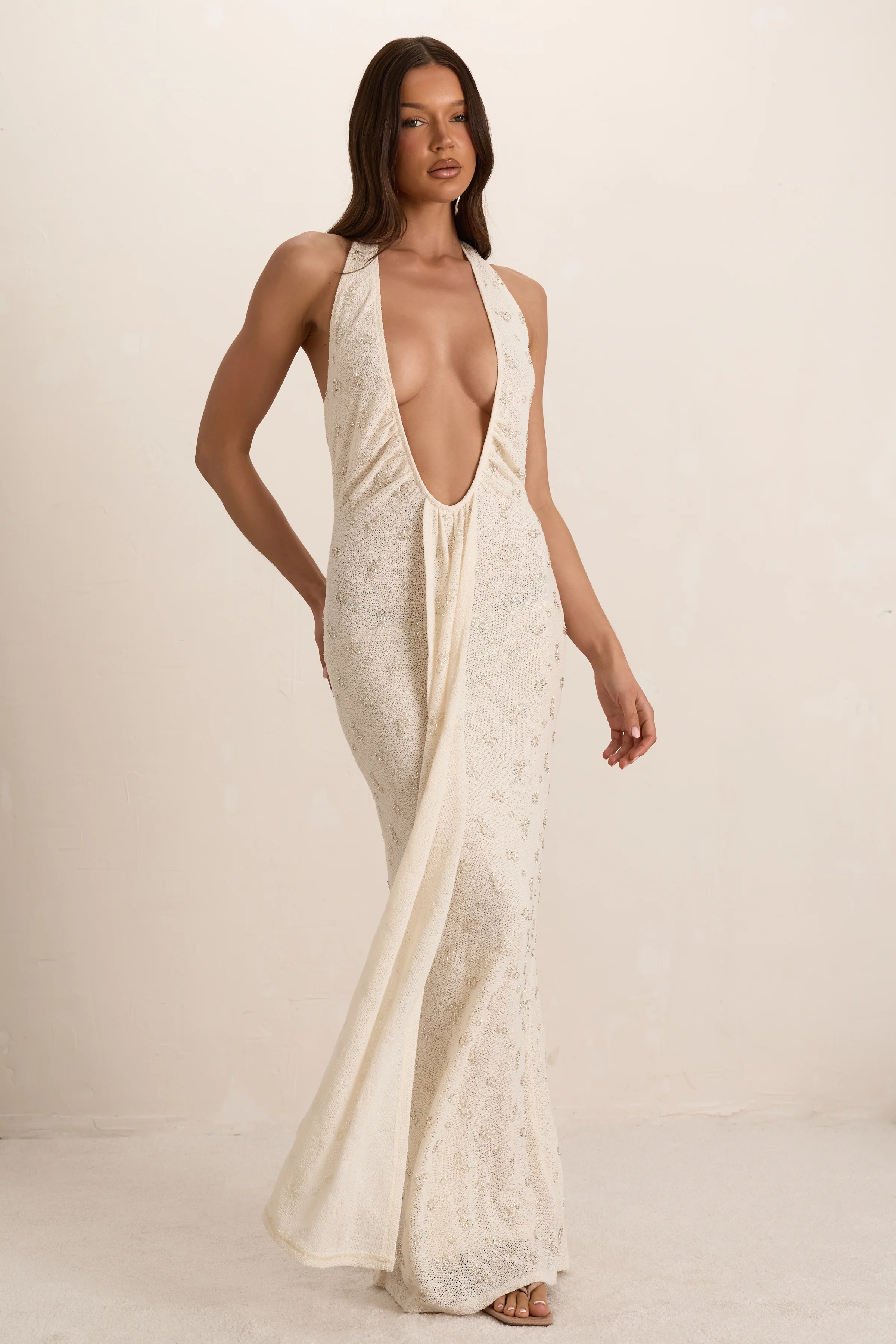 Cream Embellished Knit Plunge Drape Maxi Dress - Image 3