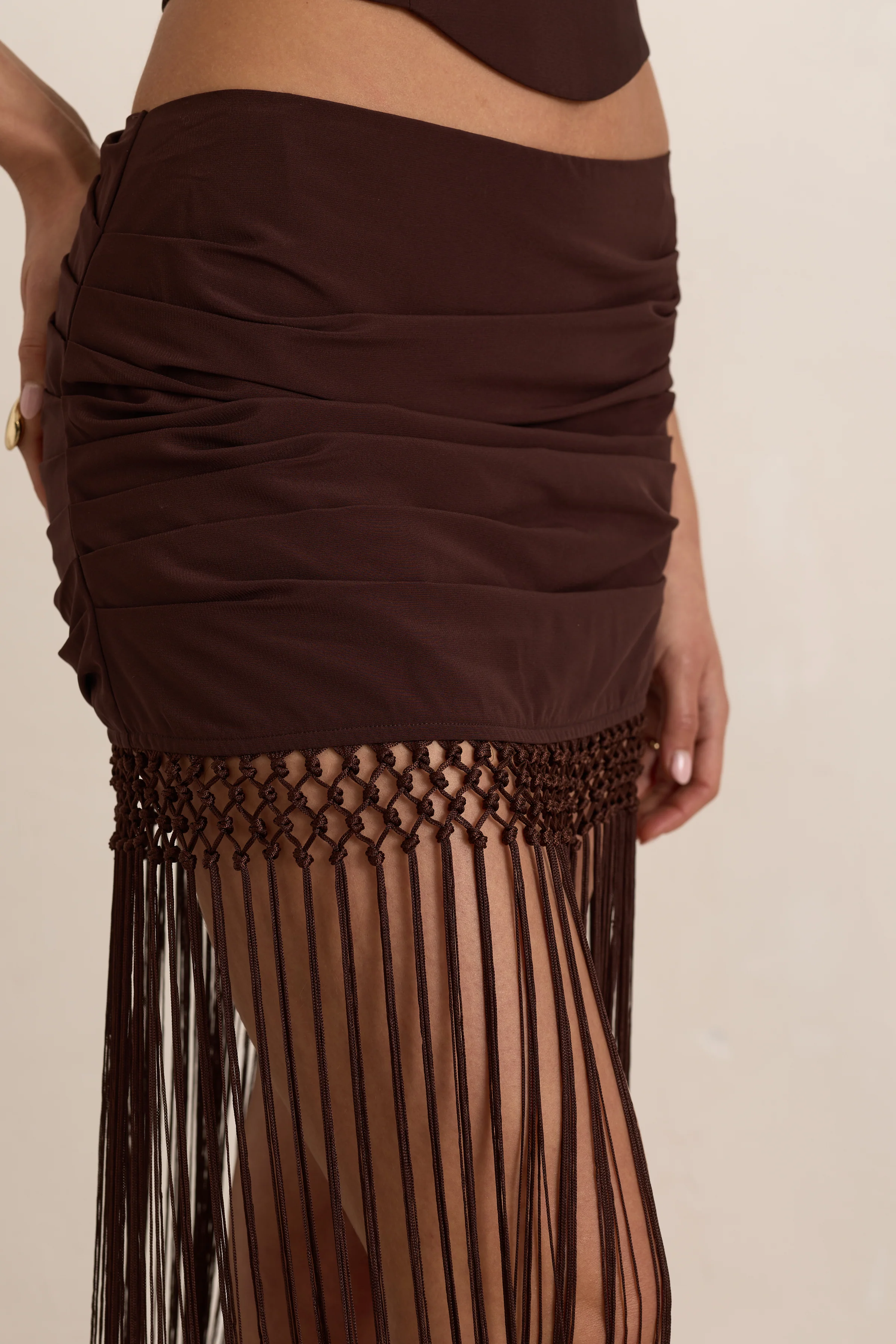 Chocolate Chiffon Ruched Tassel Maxi Skirt - Image 2