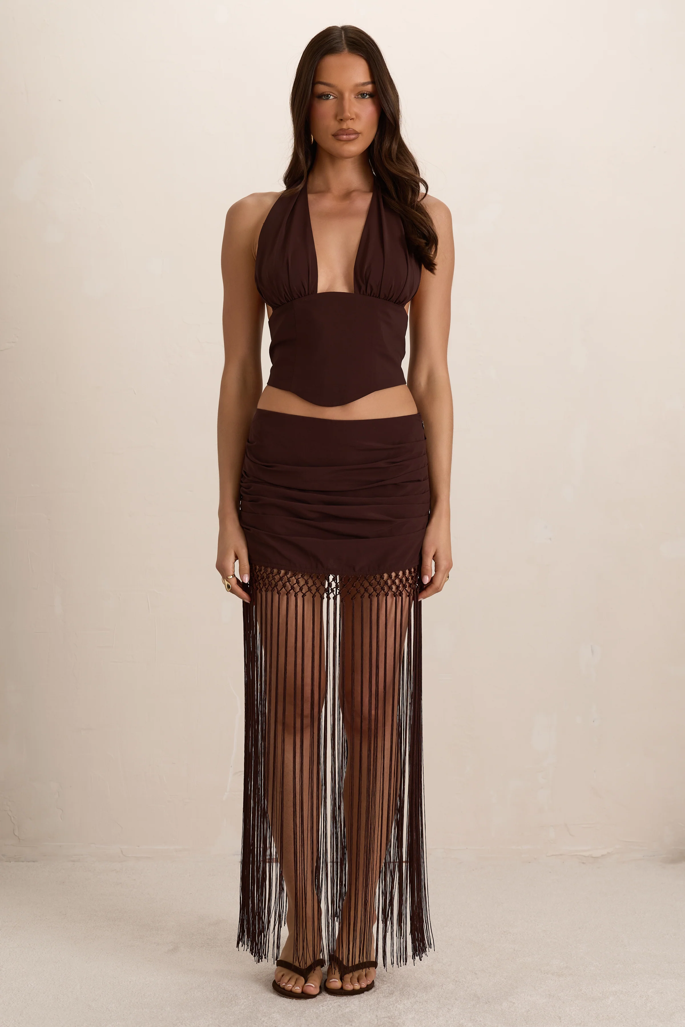 Chocolate Chiffon Ruched Tassel Maxi Skirt - Image 3