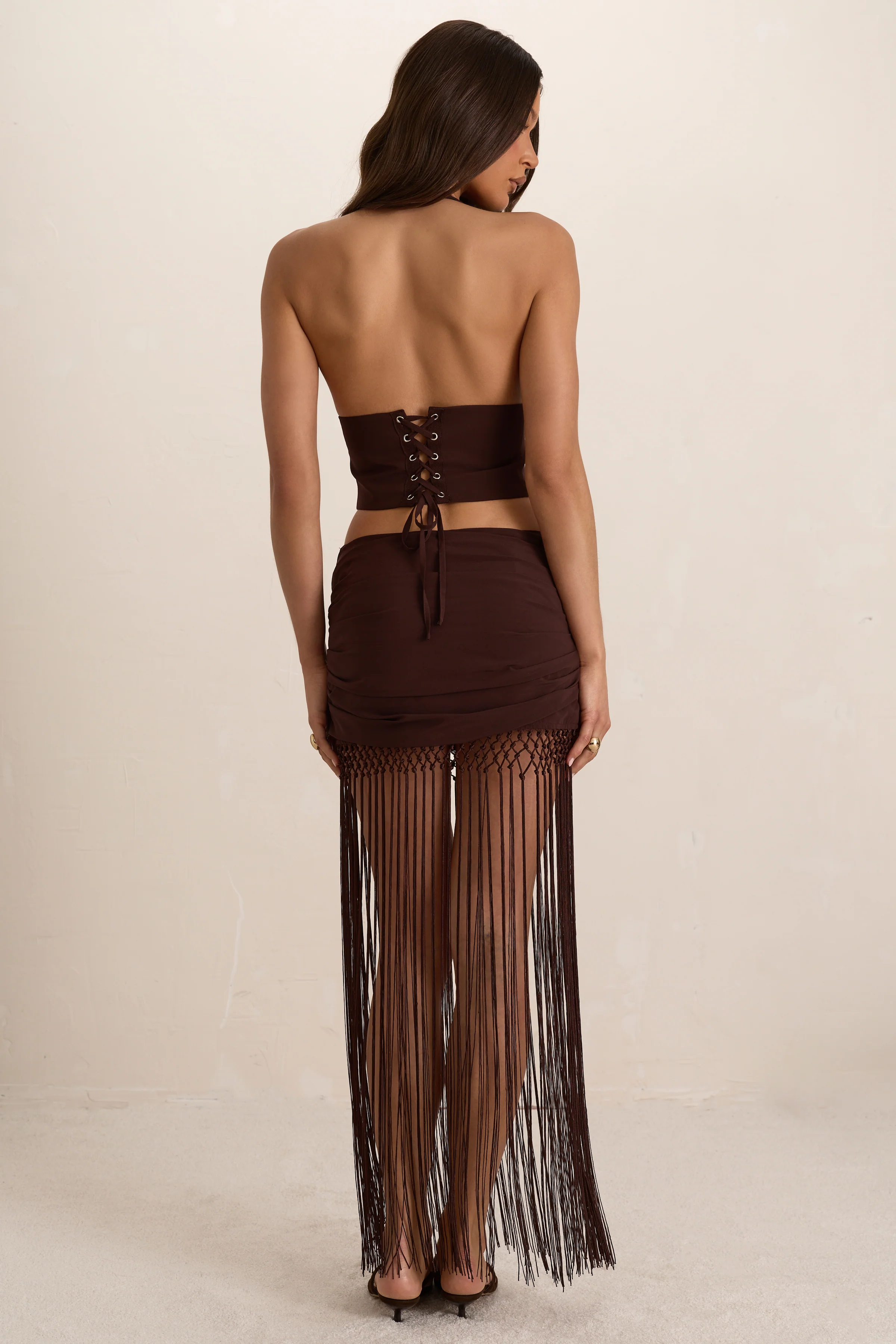 Chocolate Chiffon Ruched Tassel Maxi Skirt - Image 4