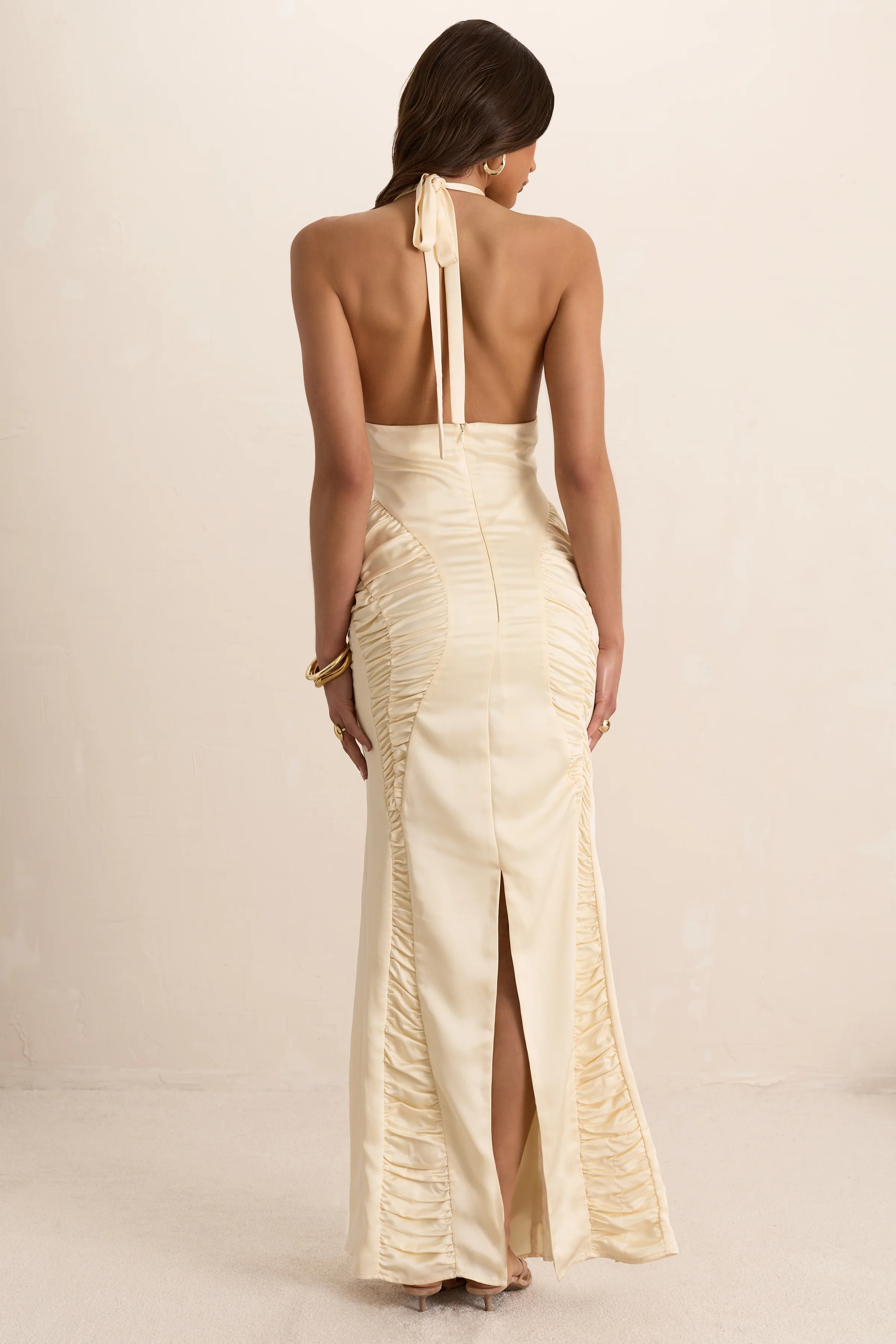Cream Satin Ruched Plunge Maxi Dress - Image 4