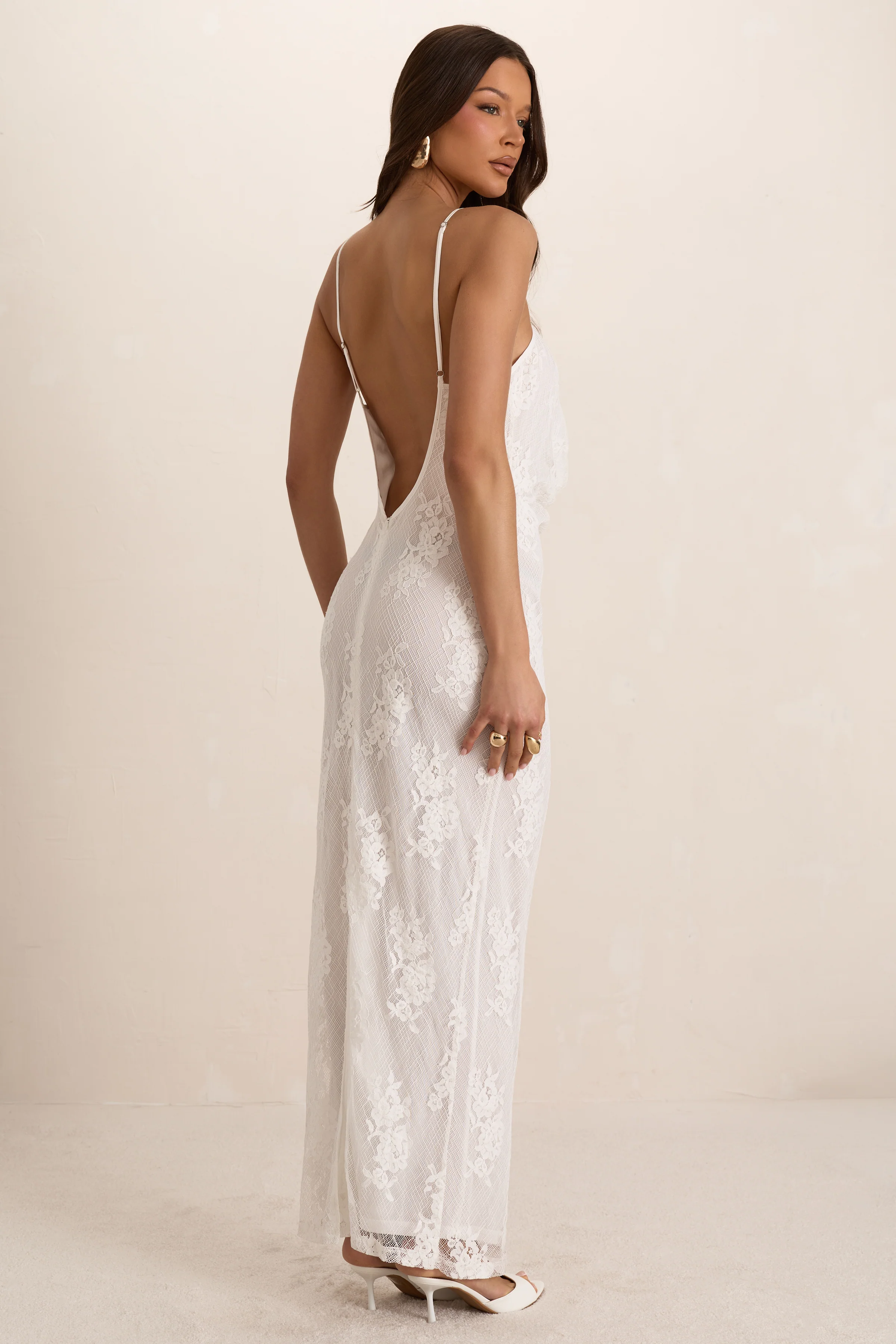 White Lace Cowl Maxi Dress - Image 3
