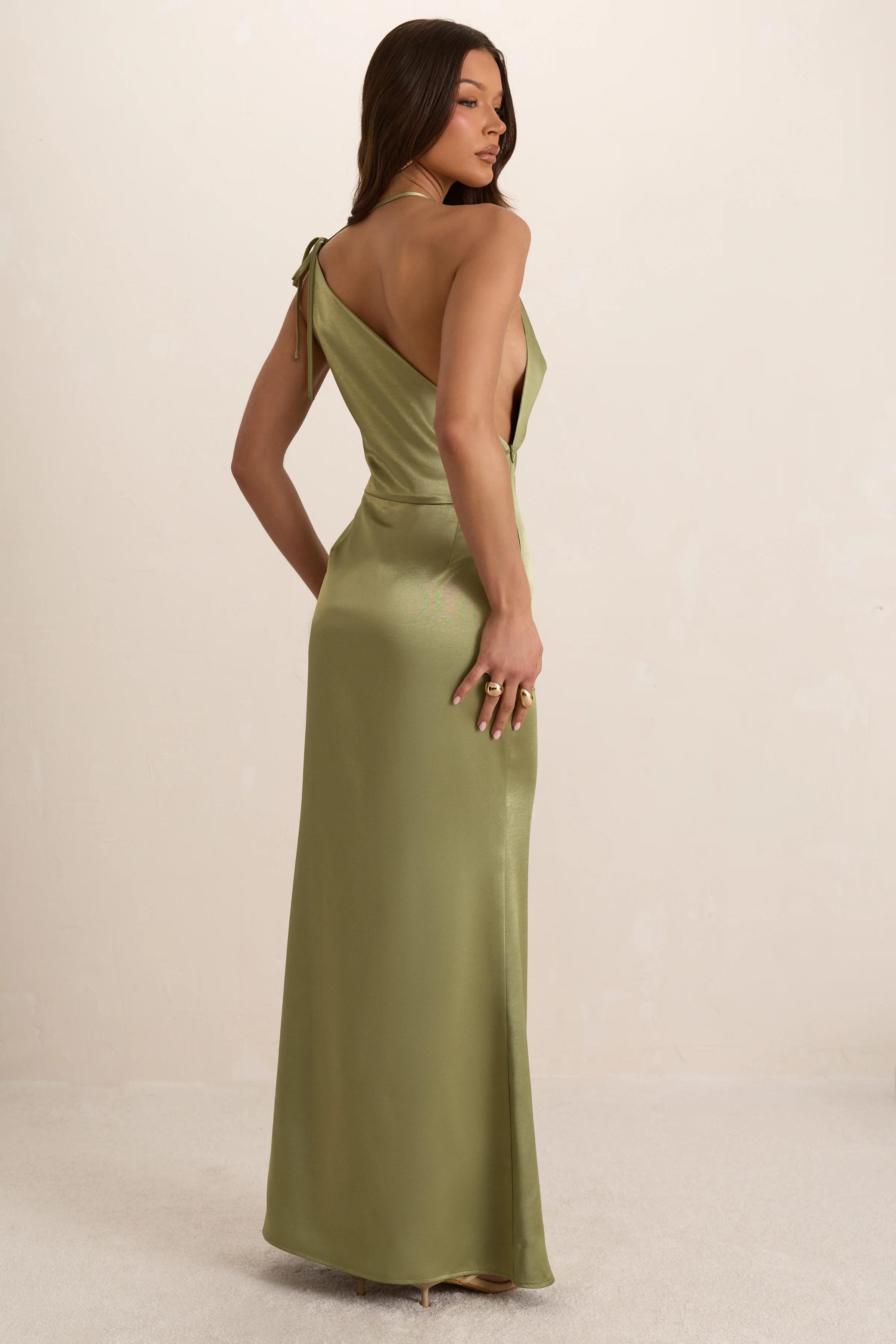 Green Satin Asymmetrical Cowl Seam Maxi Dress - Image 2