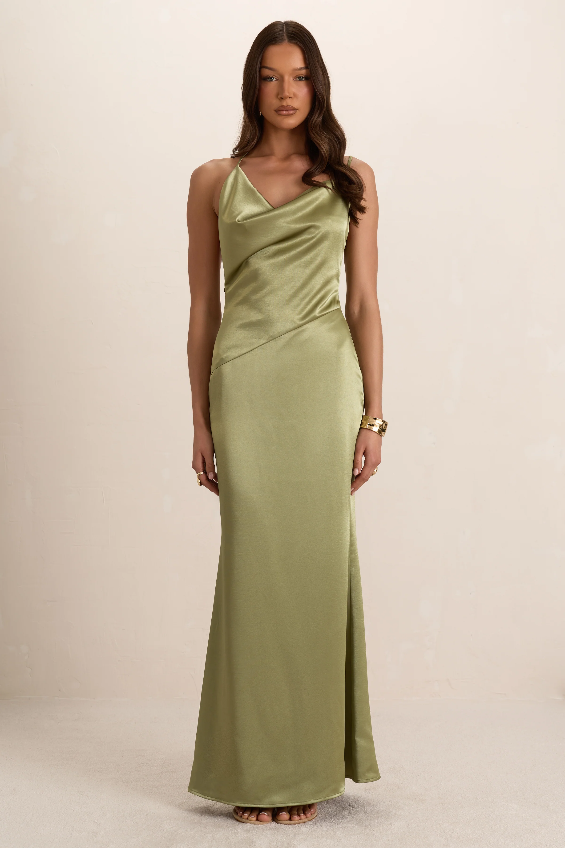 Green Satin Asymmetrical Cowl Seam Maxi Dress - Image 4