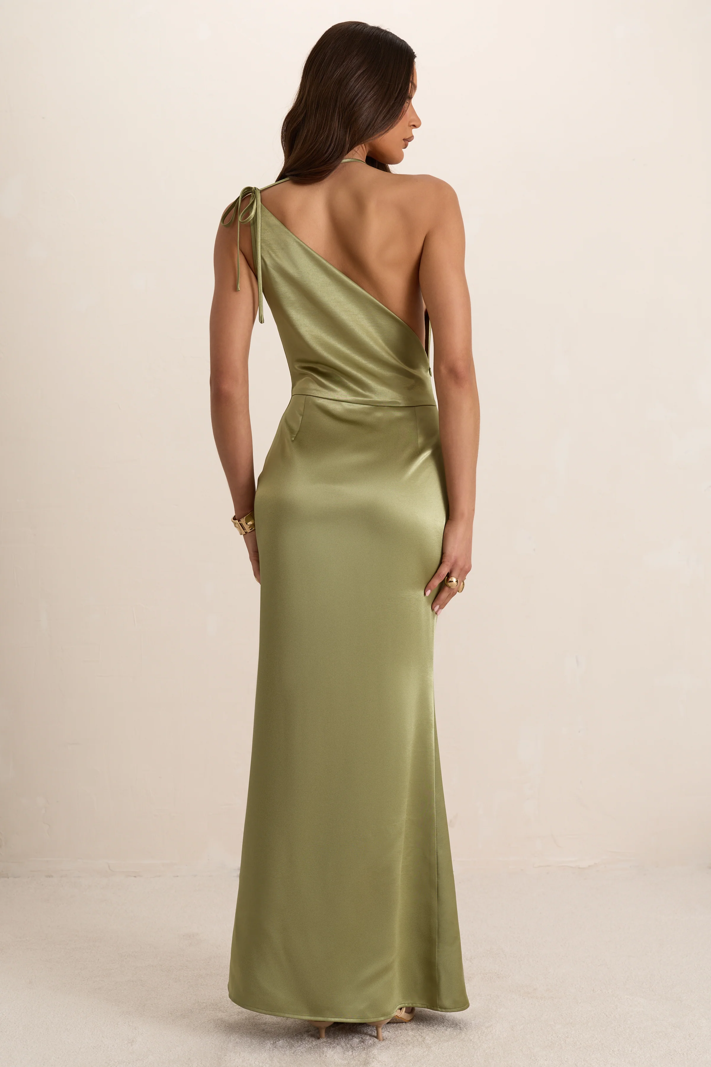 Green Satin Asymmetrical Cowl Seam Maxi Dress - Image 6