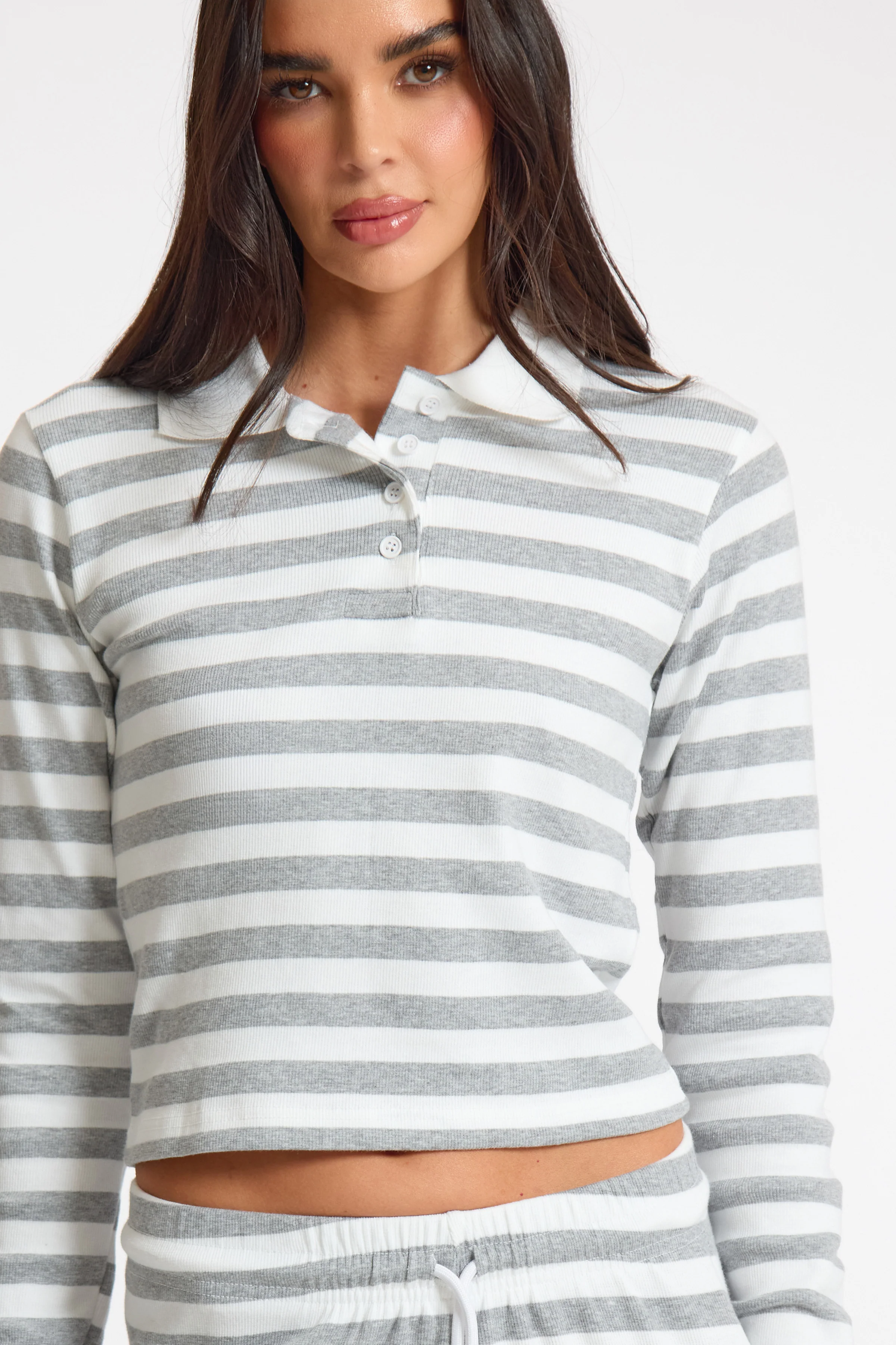 White Stripe Striped Rib Collared Longsleeve Top - Image 3