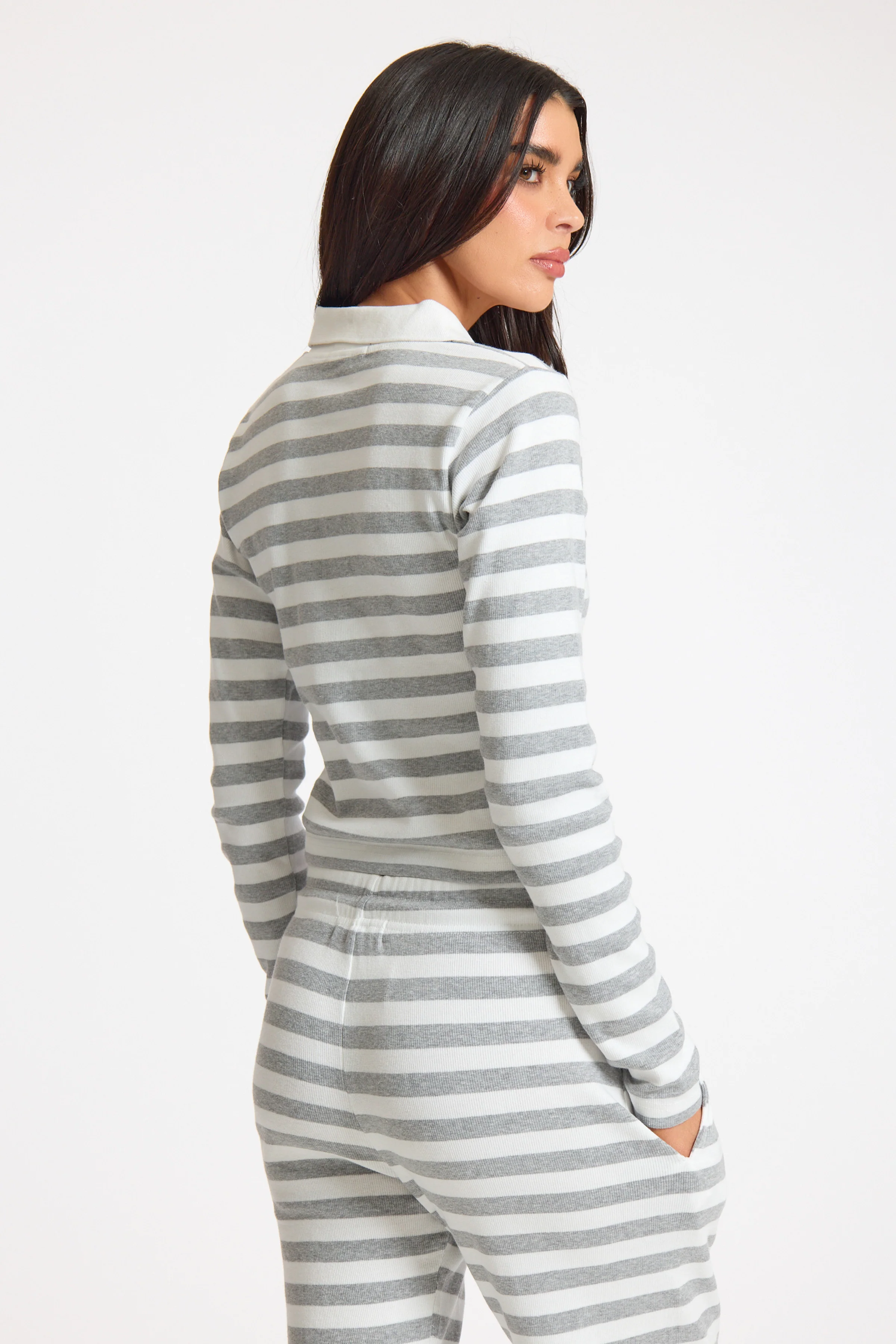 White Stripe Striped Rib Collared Longsleeve Top - Image 4