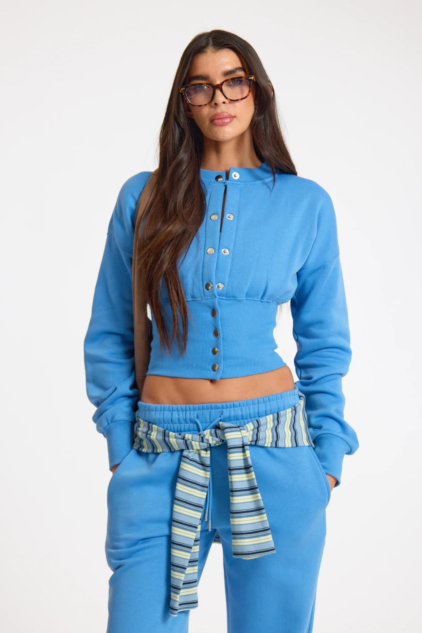 Cobalt Blue Popper Button Ribbed Waist Sweatshirt - Image 4